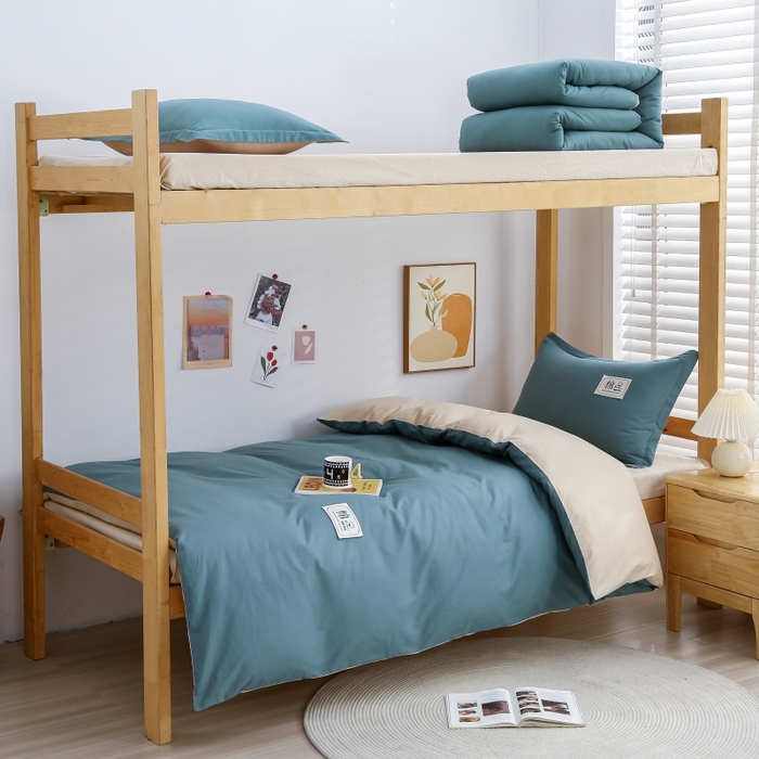 91家纺网 家纺一手货源 找家纺 乐旗家纺 2025新款全棉13372印花学生上下铺套件宿舍三件套 月光蓝+卡其