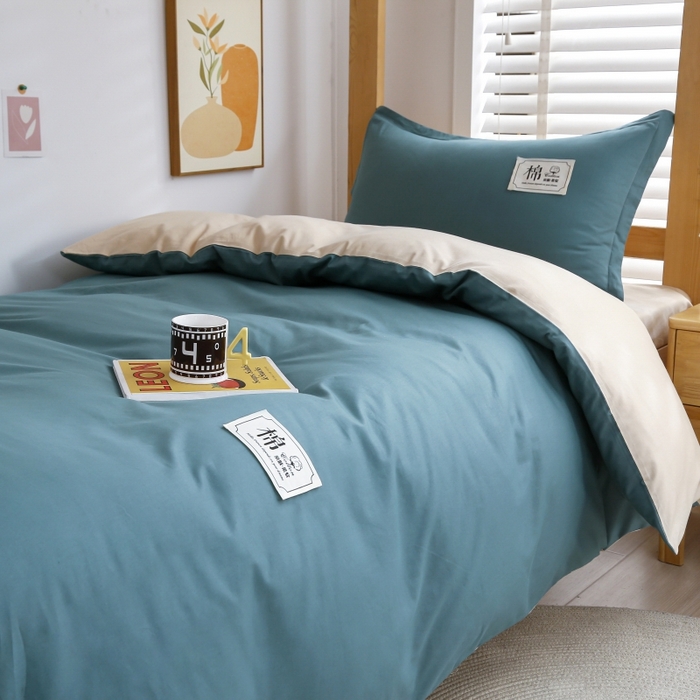 91家纺网 家纺一手货源 找家纺 乐旗家纺 2025新款全棉13372印花学生上下铺套件宿舍三件套 月光蓝+卡其