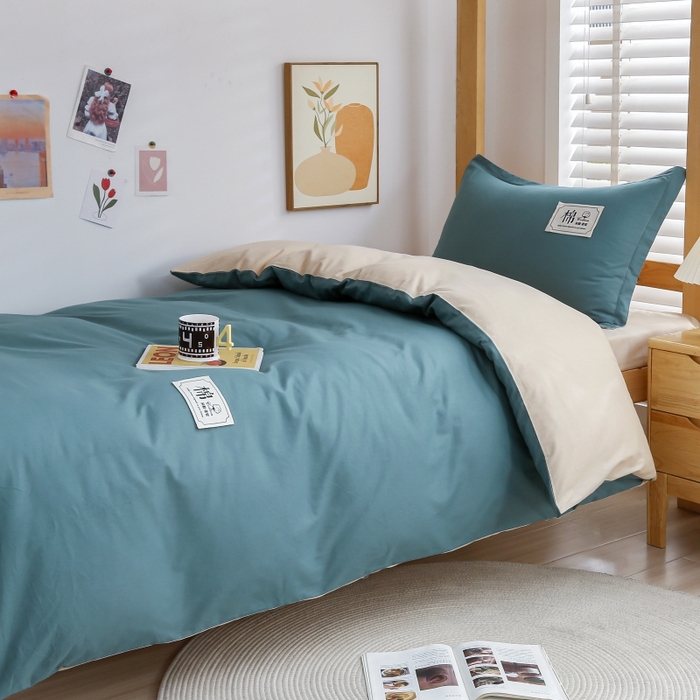 91家纺网 家纺一手货源 找家纺 乐旗家纺 2025新款全棉13372印花学生上下铺套件宿舍三件套 月光蓝+卡其