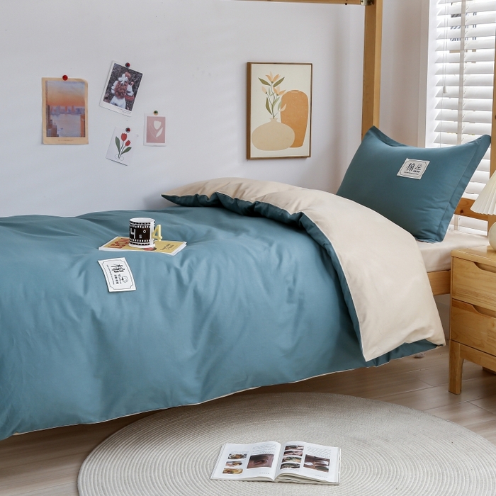 91家纺网 家纺一手货源 找家纺 乐旗家纺 2025新款全棉13372印花学生上下铺套件宿舍三件套 月光蓝+卡其