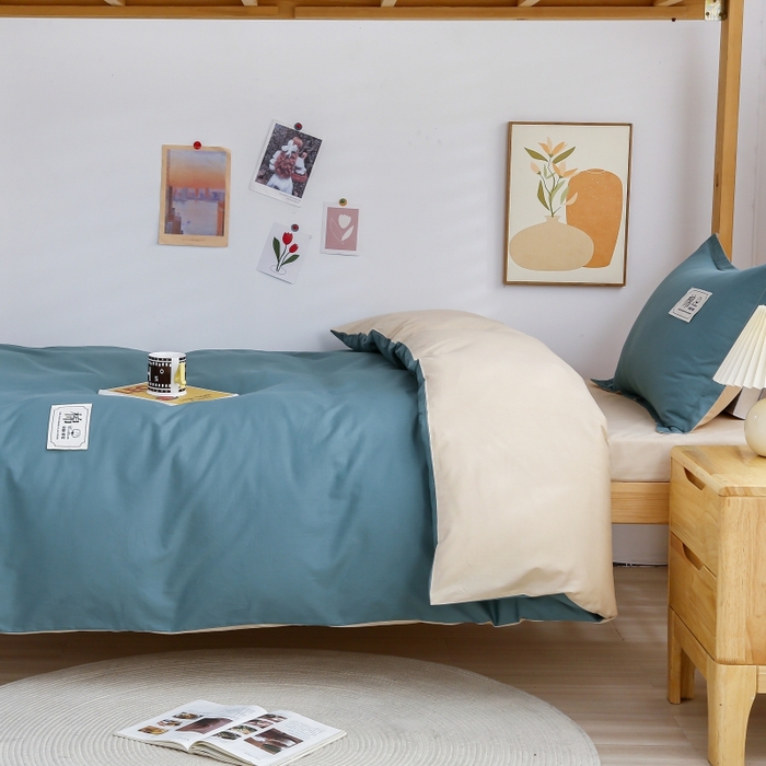 91家纺网 家纺一手货源 找家纺 乐旗家纺 2025新款全棉13372印花学生上下铺套件宿舍三件套 月光蓝+卡其