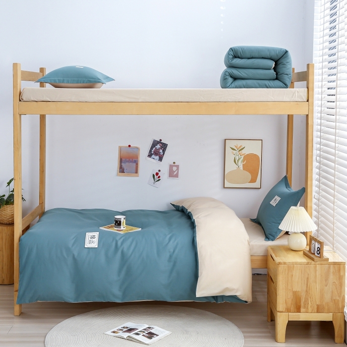 91家纺网 家纺一手货源 找家纺 乐旗家纺 2025新款全棉13372印花学生上下铺套件宿舍三件套 月光蓝+卡其