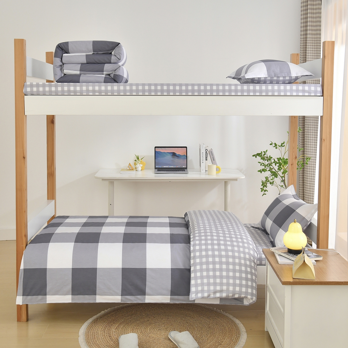 91家纺网 家纺一手货源 找家纺 乐旗家纺 2025新款全棉13372印花学生上下铺套件宿舍三件套 校园笔记-灰