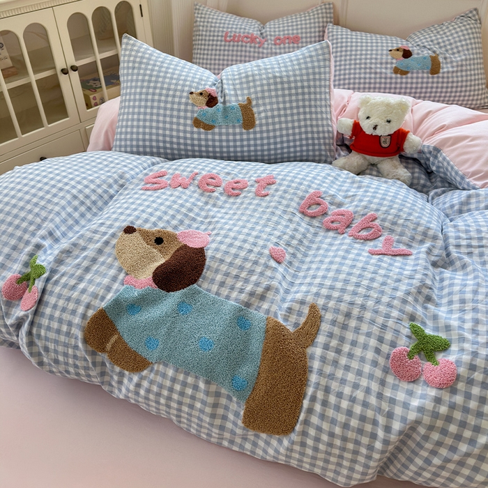 91家纺网 家纺一手货源 找家纺 （总）罗亿家纺 2025新款云朵糯糯棉（110g）腊肠狗毛巾绣四件套