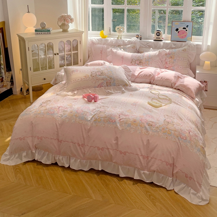 91家纺网 家纺一手货源 找家纺 （总）罗亿家纺 2025新款洛丽塔云朵棉花边四件套场景一（提供买家秀）