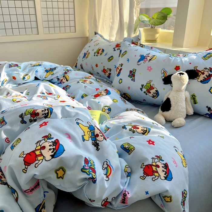 91家纺网 家纺一手货源 找家纺 宏源家纺 2025新款芦荟棉印花亲肤四件套 小新蓝