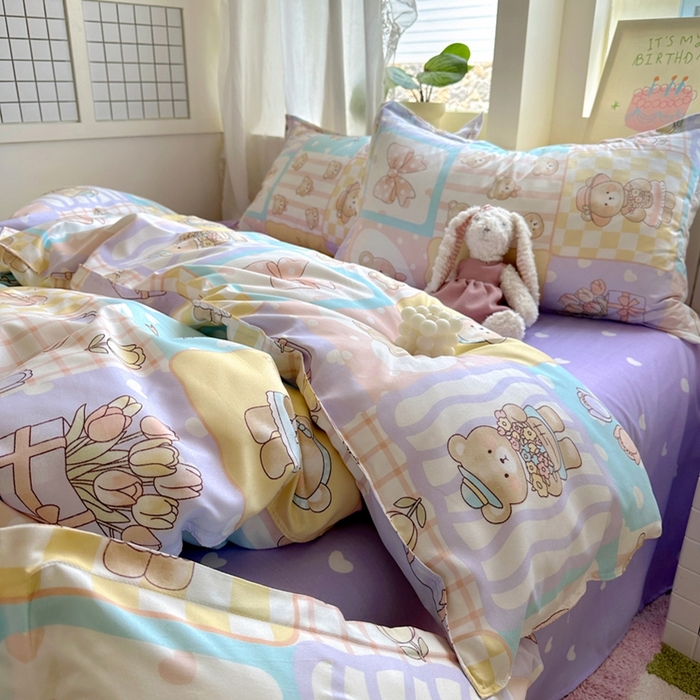 91家纺网 家纺一手货源 找家纺 宏源家纺 2025新款芦荟棉印花亲肤四件套 花园熊