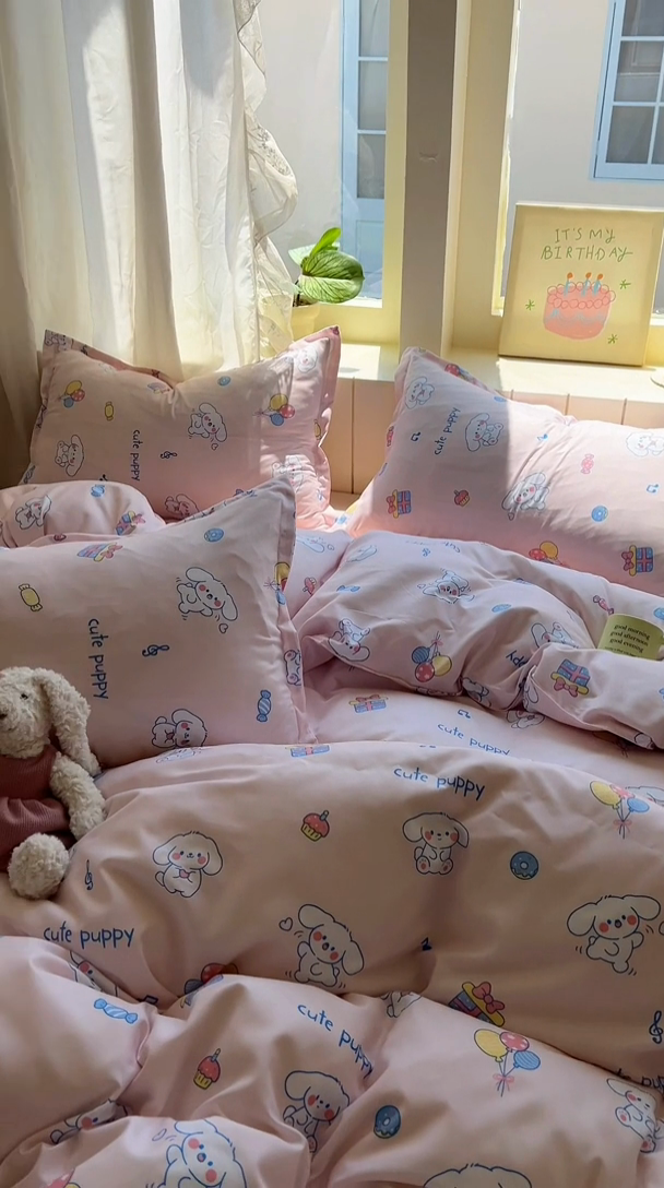 91家纺网 家纺一手货源 找家纺 宏源家纺 2025新款芦荟棉印花亲肤四件套 甜品派对-玉