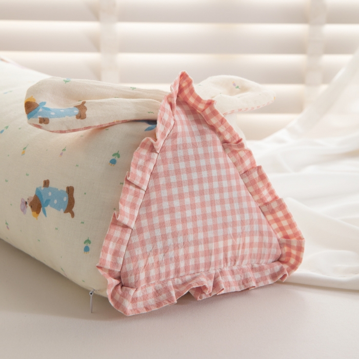 91家纺网 家纺一手货源 找家纺 佳合枕芯 2025新款新品田园兔-全棉纯棉双层纱卡通荞麦枕芯儿童学生成人护颈荞麦枕头枕芯 田园兔耳朵三角荞麦枕-粉边米色狗 50*15*15cm/个