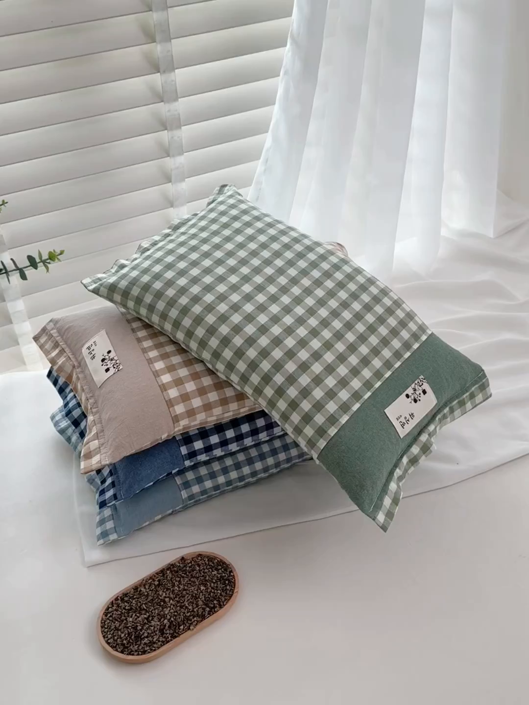 91家纺网 家纺一手货源 找家纺 （总）佳合枕芯 2025新款新品全棉水洗棉拼色小方格荞麦枕头枕芯