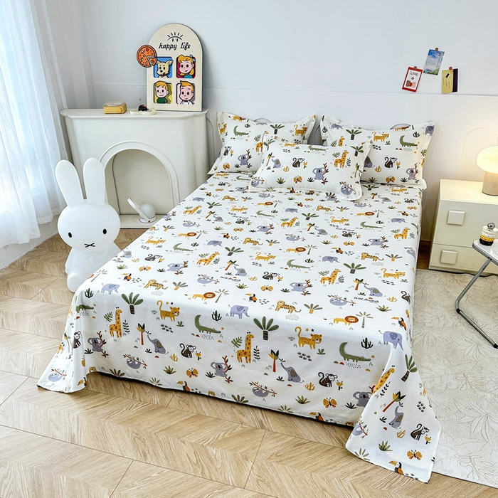 91家纺网 家纺一手货源 找家纺 小叮当家纺仓储工厂店 （爆款花型 长期款 不断货）2025新款小清新印花条纹卡通花卉纯棉全棉单品系列--单床单 动物世界