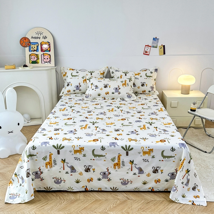 91家纺网 家纺一手货源 找家纺 小叮当家纺仓储工厂店 （爆款花型 长期款 不断货）2025新款小清新印花条纹卡通花卉纯棉全棉单品系列--单床单 动物世界