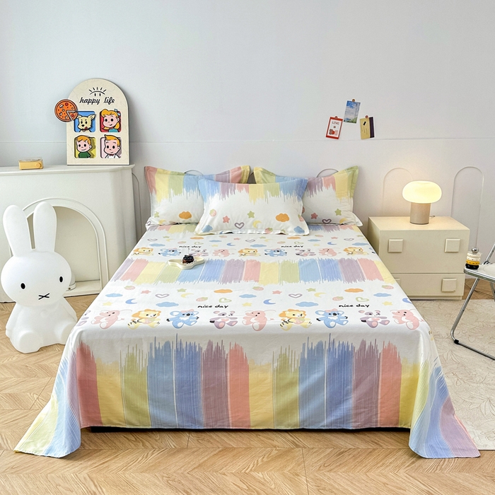 91家纺网 家纺一手货源 找家纺 小叮当家纺仓储工厂店 （爆款花型 长期款 不断货）2025新款小清新印花条纹卡通花卉纯棉全棉单品系列--单床单 萌系新宠