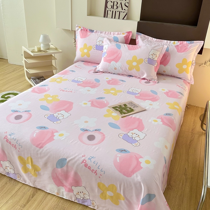 91家纺网 家纺一手货源 找家纺 小叮当家纺仓储工厂店 （爆款花型 长期款 不断货）2025新款小清新印花条纹卡通花卉纯棉全棉单品系列--单床单 蜜桃桃