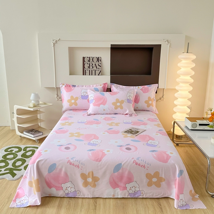 91家纺网 家纺一手货源 找家纺 小叮当家纺仓储工厂店 （爆款花型 长期款 不断货）2025新款小清新印花条纹卡通花卉纯棉全棉单品系列--单床单 蜜桃桃