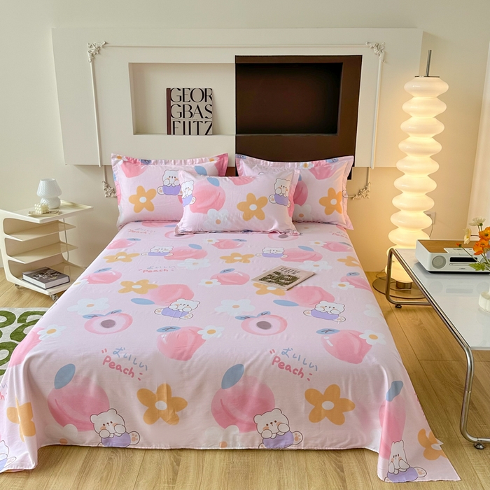 91家纺网 家纺一手货源 找家纺 小叮当家纺仓储工厂店 （爆款花型 长期款 不断货）2025新款小清新印花条纹卡通花卉纯棉全棉单品系列--单床单 蜜桃桃