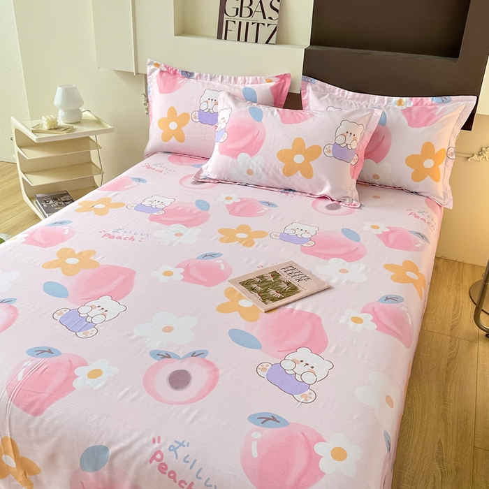 91家纺网 家纺一手货源 找家纺 小叮当家纺仓储工厂店 （爆款花型 长期款 不断货）2025新款小清新印花条纹卡通花卉纯棉全棉单品系列--单床单 蜜桃桃