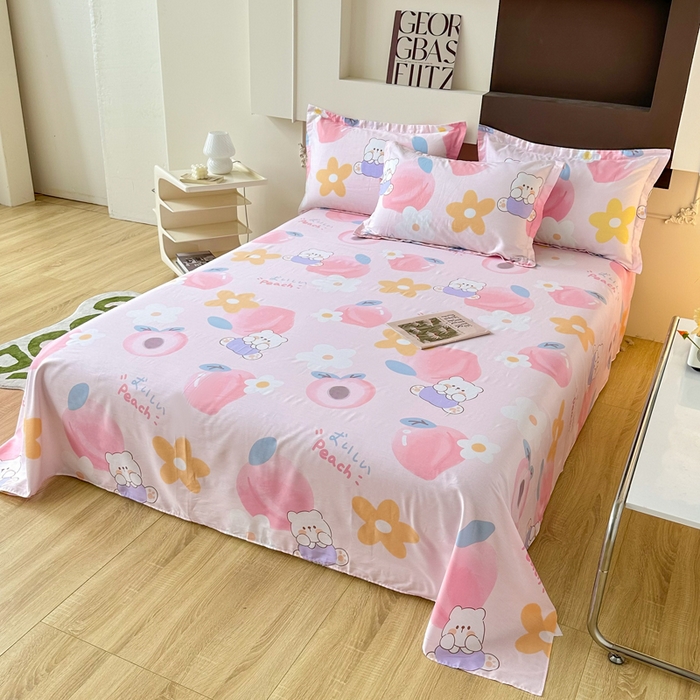 91家纺网 家纺一手货源 找家纺 小叮当家纺仓储工厂店 （爆款花型 长期款 不断货）2025新款小清新印花条纹卡通花卉纯棉全棉单品系列--单床单 蜜桃桃