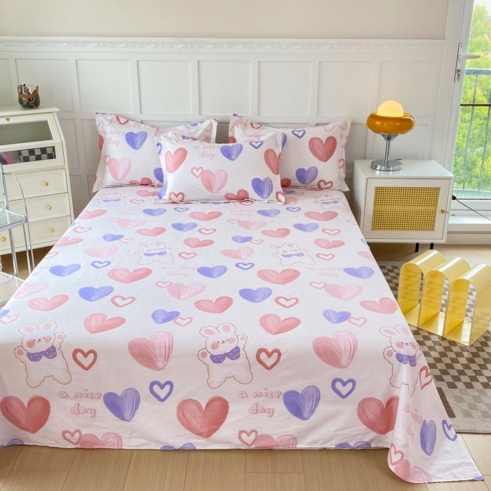 91家纺网 家纺一手货源 找家纺 小叮当家纺仓储工厂店 （爆款花型 长期款 不断货）2025新款小清新印花条纹卡通花卉纯棉全棉单品系列--单床单 小兔可可