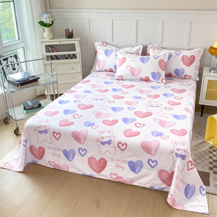 91家纺网 家纺一手货源 找家纺 小叮当家纺仓储工厂店 （爆款花型 长期款 不断货）2025新款小清新印花条纹卡通花卉纯棉全棉单品系列--单床单 小兔可可