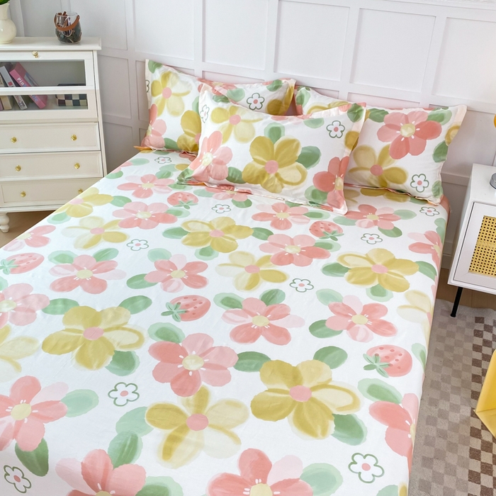 91家纺网 家纺一手货源 找家纺 小叮当家纺仓储工厂店 （爆款花型 长期款 不断货）2025新款小清新印花条纹卡通花卉纯棉全棉单品系列--单床单 花季物语A版