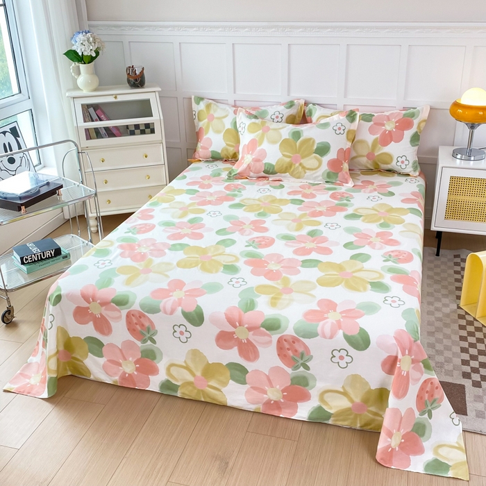 91家纺网 家纺一手货源 找家纺 小叮当家纺仓储工厂店 （爆款花型 长期款 不断货）2025新款小清新印花条纹卡通花卉纯棉全棉单品系列--单床单 花季物语A版