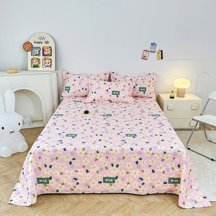 91家纺网 家纺一手货源 找家纺 小叮当家纺仓储工厂店 （爆款花型 长期款 不断货）2025新款小清新印花条纹卡通花卉纯棉全棉单品系列--单床单 花满城-粉