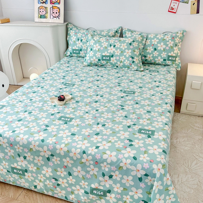 91家纺网 家纺一手货源 找家纺 小叮当家纺仓储工厂店 （爆款花型 长期款 不断货）2025新款小清新印花条纹卡通花卉纯棉全棉单品系列--单床单 花满城-绿