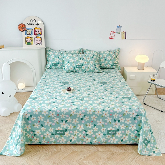 91家纺网 家纺一手货源 找家纺 小叮当家纺仓储工厂店 （爆款花型 长期款 不断货）2025新款小清新印花条纹卡通花卉纯棉全棉单品系列--单床单 花满城-绿