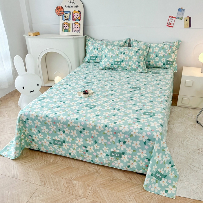 91家纺网 家纺一手货源 找家纺 小叮当家纺仓储工厂店 （爆款花型 长期款 不断货）2025新款小清新印花条纹卡通花卉纯棉全棉单品系列--单床单 花满城-绿