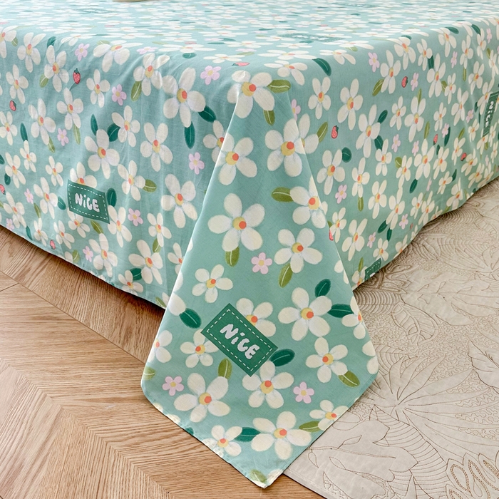 91家纺网 家纺一手货源 找家纺 小叮当家纺仓储工厂店 （爆款花型 长期款 不断货）2025新款小清新印花条纹卡通花卉纯棉全棉单品系列--单床单 花满城-绿