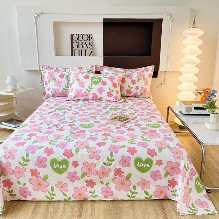 91家纺网 家纺一手货源 找家纺 小叮当家纺仓储工厂店 （爆款花型 长期款 不断货）2025新款小清新印花条纹卡通花卉纯棉全棉单品系列--单床单 花夏未央-粉