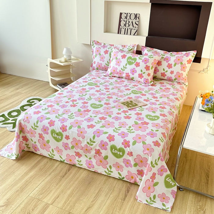 91家纺网 家纺一手货源 找家纺 小叮当家纺仓储工厂店 （爆款花型 长期款 不断货）2025新款小清新印花条纹卡通花卉纯棉全棉单品系列--单床单 花夏未央-粉