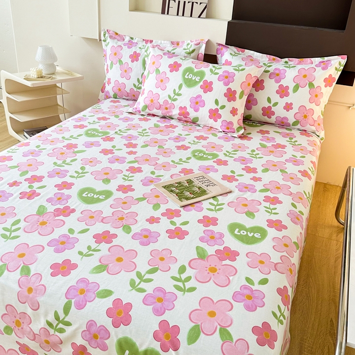 91家纺网 家纺一手货源 找家纺 小叮当家纺仓储工厂店 （爆款花型 长期款 不断货）2025新款小清新印花条纹卡通花卉纯棉全棉单品系列--单床单 花夏未央-粉