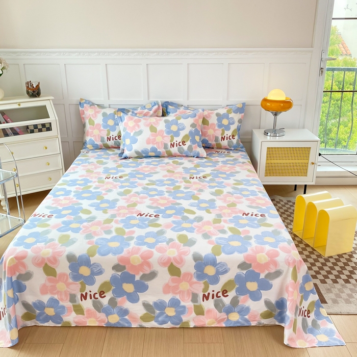 91家纺网 家纺一手货源 找家纺 小叮当家纺仓储工厂店 （爆款花型 长期款 不断货）2025新款小清新印花条纹卡通花卉纯棉全棉单品系列--单床单 蓝海晨光A版