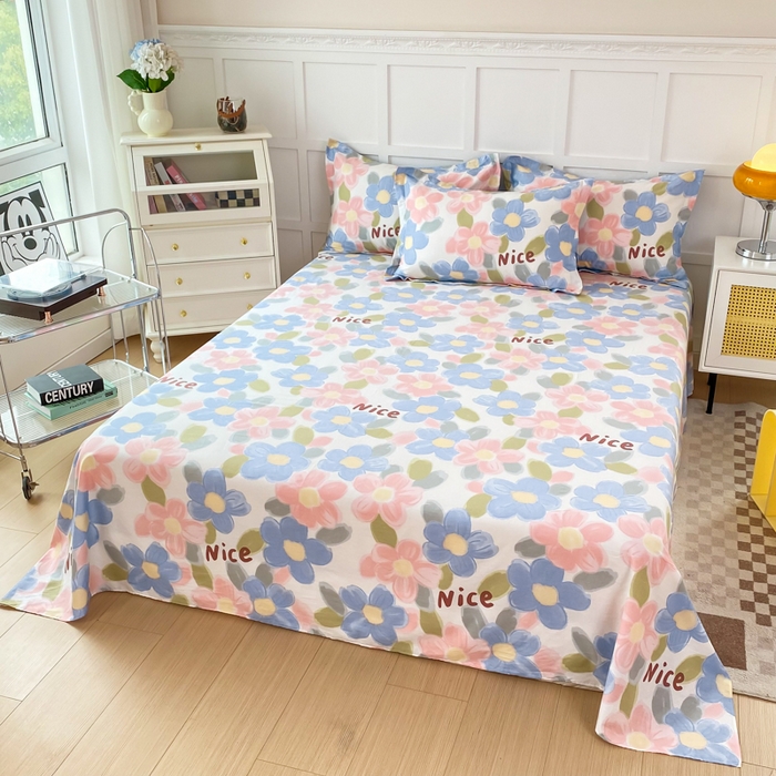 91家纺网 家纺一手货源 找家纺 小叮当家纺仓储工厂店 （爆款花型 长期款 不断货）2025新款小清新印花条纹卡通花卉纯棉全棉单品系列--单床单 蓝海晨光A版