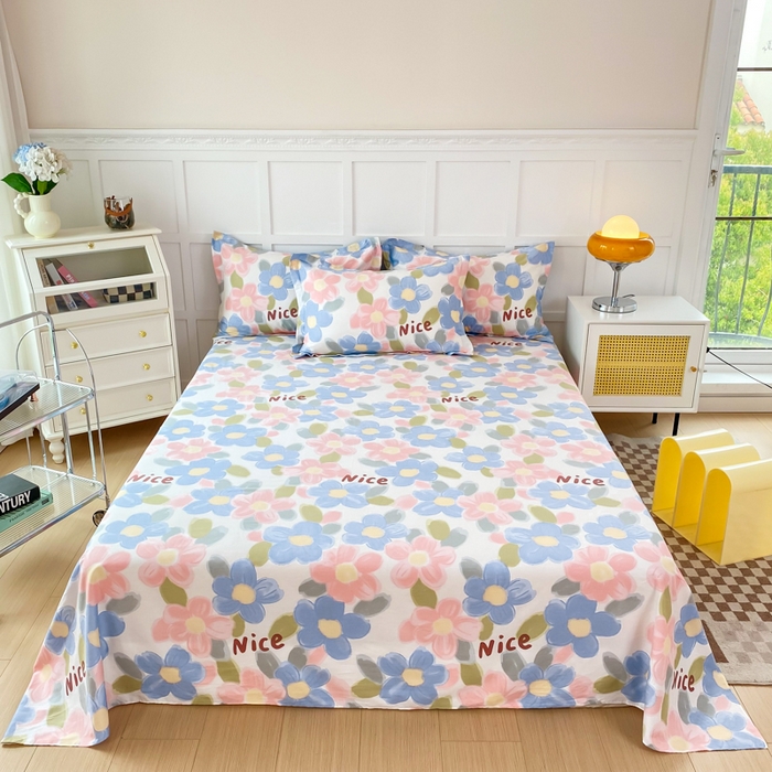 91家纺网 家纺一手货源 找家纺 小叮当家纺仓储工厂店 （爆款花型 长期款 不断货）2025新款小清新印花条纹卡通花卉纯棉全棉单品系列--单床单 蓝海晨光A版