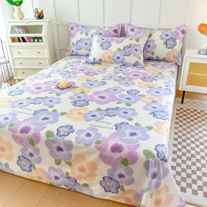 91家纺网 家纺一手货源 找家纺 小叮当家纺仓储工厂店 （爆款花型 长期款 不断货）2025新款小清新印花条纹卡通花卉纯棉全棉单品系列--单床单 紫韵花开