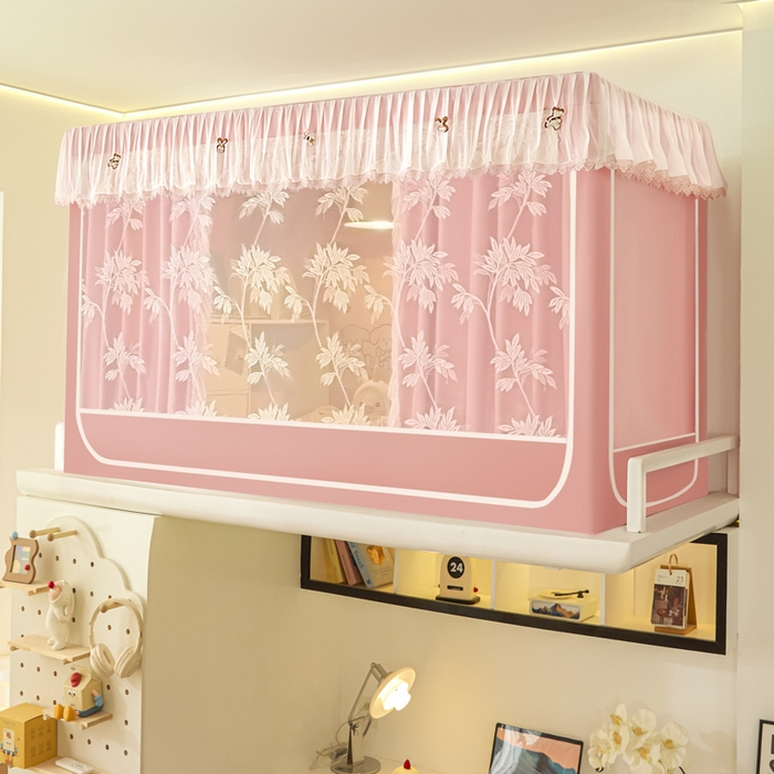 91家纺网 家纺一手货源 找家纺 世婕 2025新款防蚊帐纱植绒遮光帘二合一双层学生蚊帐系列-提花款 提花款-樱花粉