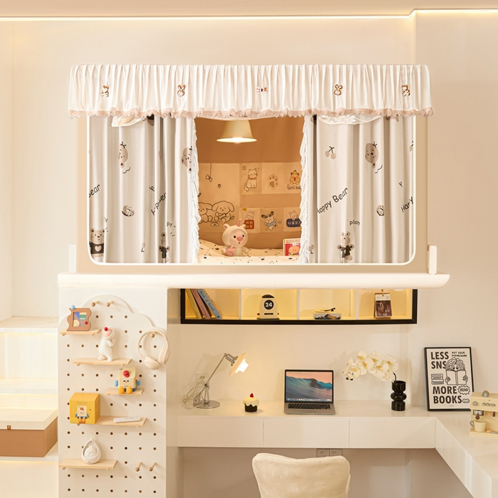 91家纺网 家纺一手货源 找家纺 世婕 2025新款防蚊帐纱植绒遮光帘二合一双层学生蚊帐系列-提花款 提花款-贪吃熊