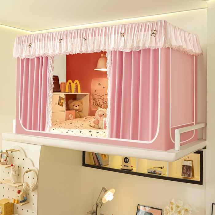 91家纺网 家纺一手货源 找家纺 世婕 2025新款防蚊帐纱植绒遮光帘二合一双层学生蚊帐系列-提花款 提花款-樱花粉