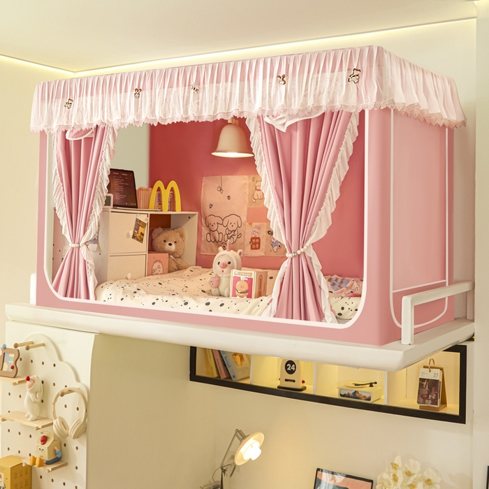 91家纺网 家纺一手货源 找家纺 世婕 2025新款防蚊帐纱植绒遮光帘二合一双层学生蚊帐系列-提花款 提花款-樱花粉