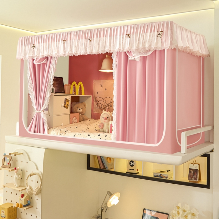 91家纺网 家纺一手货源 找家纺 世婕 2025新款防蚊帐纱植绒遮光帘二合一双层学生蚊帐系列-提花款 提花款-樱花粉