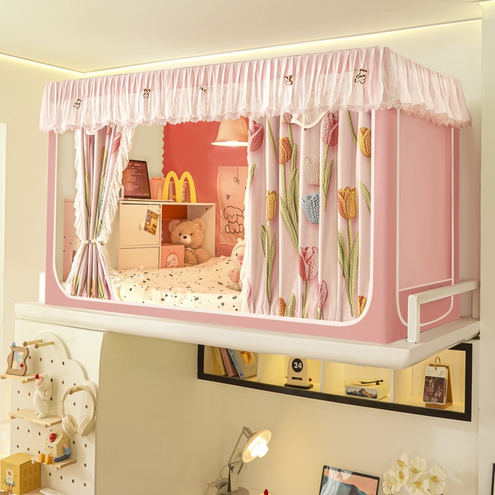 91家纺网 家纺一手货源 找家纺 世婕 2025新款防蚊帐纱植绒遮光帘二合一双层学生蚊帐系列-提花款 提花款-郁金香