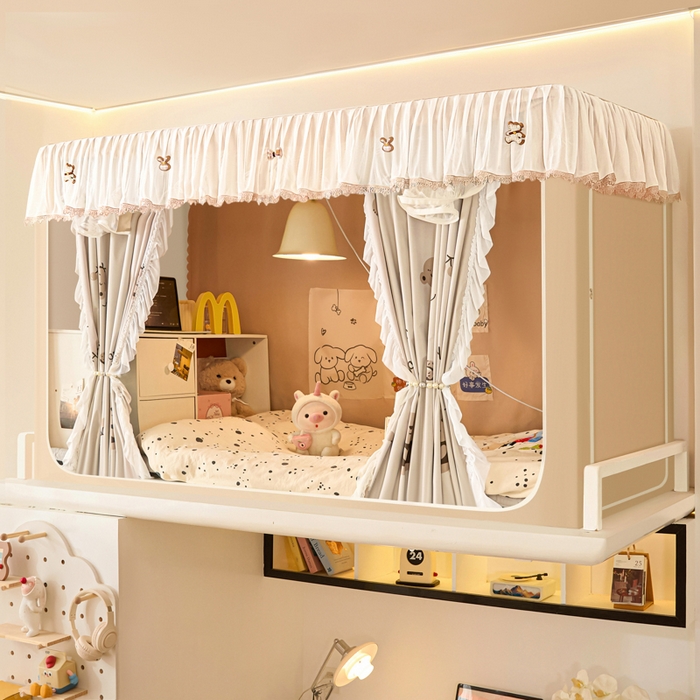 91家纺网 家纺一手货源 找家纺 世婕 2025新款防蚊帐纱植绒遮光帘二合一双层学生蚊帐系列-提花款 提花款-贪吃熊