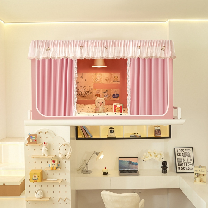 91家纺网 家纺一手货源 找家纺 世婕 2025新款防蚊帐纱植绒遮光帘二合一双层学生蚊帐系列-提花款 提花款-樱花粉