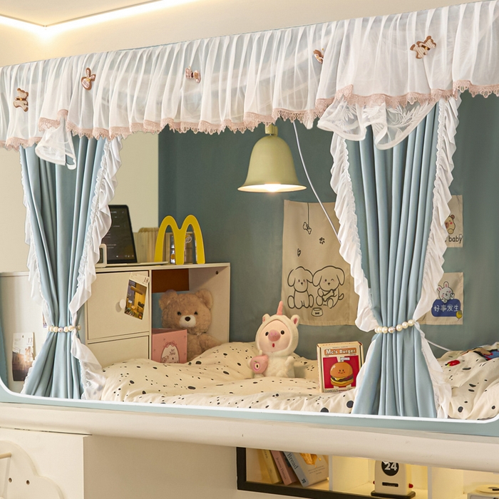 91家纺网 家纺一手货源 找家纺 世婕 2025新款防蚊帐纱植绒遮光帘二合一双层学生蚊帐系列-提花款 提花款-水兰