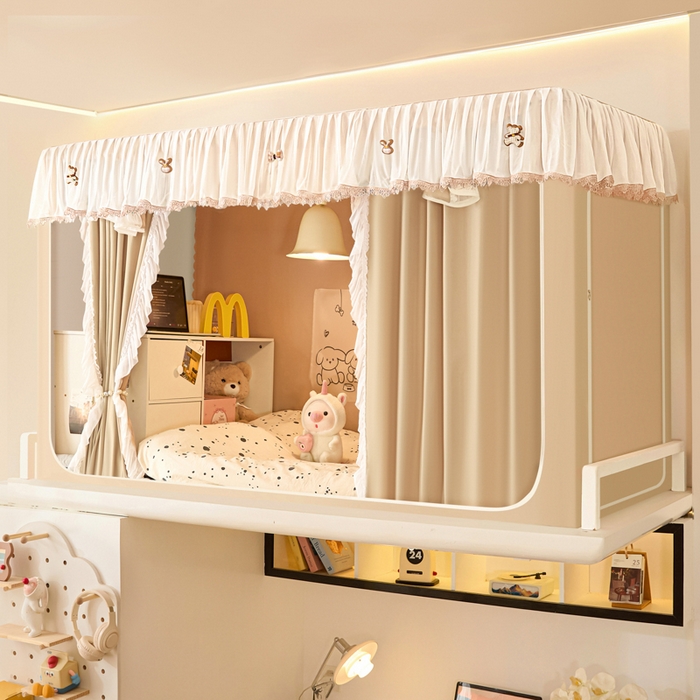 91家纺网 家纺一手货源 找家纺 世婕 2025新款防蚊帐纱植绒遮光帘二合一双层学生蚊帐系列-提花款 提花款-卡其