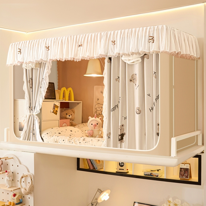 91家纺网 家纺一手货源 找家纺 世婕 2025新款防蚊帐纱植绒遮光帘二合一双层学生蚊帐系列-提花款 提花款-贪吃熊