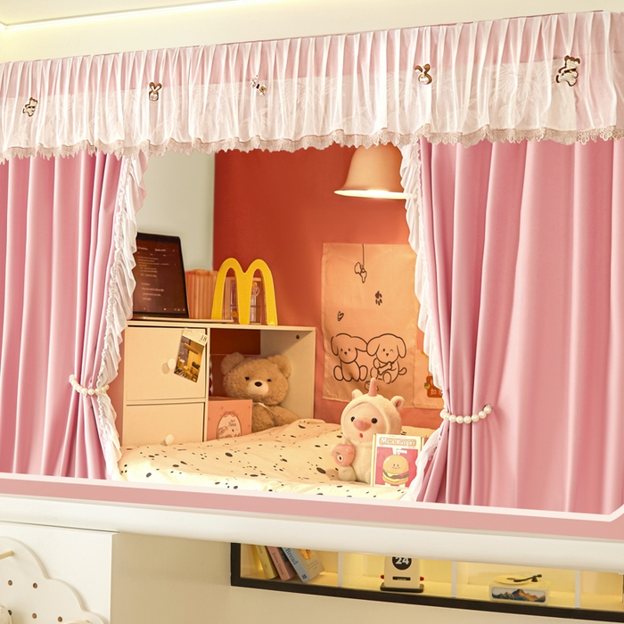 91家纺网 家纺一手货源 找家纺 世婕 2025新款防蚊帐纱植绒遮光帘二合一双层学生蚊帐系列-提花款 提花款-樱花粉